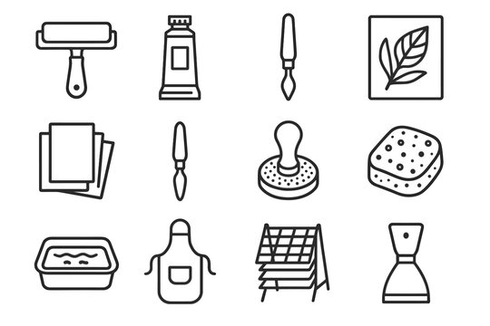 Scraper icon printing tools tray knife printmaking roller sheets icons vector baren