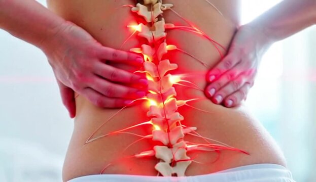 Dolor de espalda, conexión nerviosa de la espalda. Hay una luz roja en la zone dolorida y lus rayns rojos parpadean en ella. Dolor