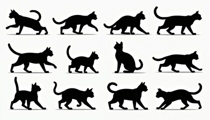 Collection of black cat silhouettes in various dynamic poses. Includes cats jumping, running, stretching, and playing. Ideal for designs related to pets, animals, or movement.