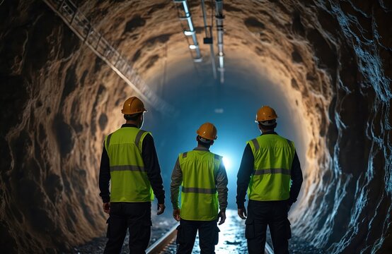 Three miners in hard hats, high-visibility vests inspect tunnel construction. Men seen from behind, standing on railway tracks inside dark mine. Sunlight illuminates end of tunnel, hinting at work in