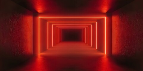 Glowing red square neon lights on a dark background, an empty room with a long corridor.