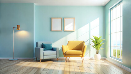 Interior of bright living room with armchair modern wall decor and stylish furniture