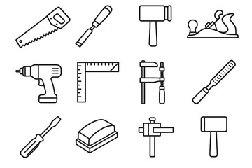 Fototapeta premium Clamps block sanding measuring saw drill vector mallet tools woodworking icons hand
