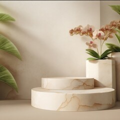 Elegant interior design with layered beige marble podium showcasing a potted orchid in pinkish-beige blooms,