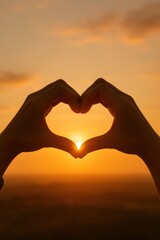 Sunset Heart: A romantic silhouette captures hands forming a heart shape around the setting sun, celebrating love and affection against a warm, dreamy sky. 