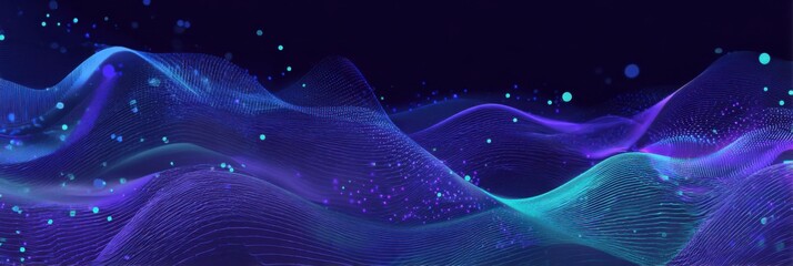 Abstract digital landscape of undulating, translucent, vibrant blue and purple forms with subtle glowing particles