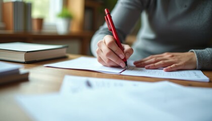 Teacher with red pen marking exam papers on wooden desk. Closeup hand writing comments, grading student work with diligence, concentration. Education assessment, academic evaluation, learning process.