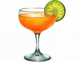 Elegant orange cocktail in coupe glass with lime slice garnish. Refreshing drink illustration for menus, summer parties, or bar settings. Classic aperitif beverage, perfect for celebrations.
