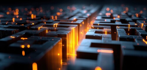 Obraz premium Abstract digital network of interlocking cubes, glowing with orange energy