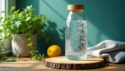 Clear glass water bottle with wooden lid, fresh green ivy plant sits on wooden board in natural light. Featuring bubbly sparkling water, evokes healthy hydration, sustainable lifestyle, organic home
