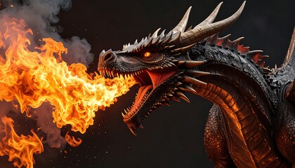 A fierce dragon exhales flames against a dark backdrop