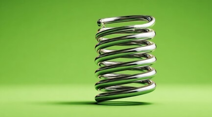 A chrome-plated metal spring, tightly coiled, rests on a lime green background, casting a subtle shadow.  Its reflective surface highlights the light