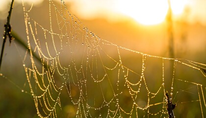 Dew-covered spider web glistening at sunrise