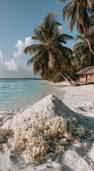 Tropical beach with popcorn-like flowers on the sand