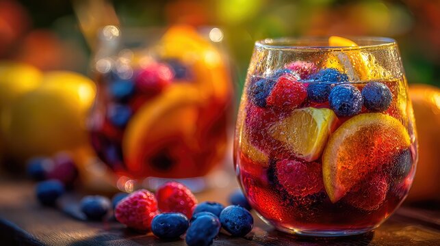 A glass of sangria with fresh citrus and berries, evoking warm Spanish National Day celebrations. - Powered by Adobe