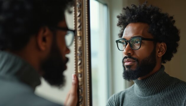 Confident African American man rehearses answers in mirror before job interview. Bearded businessman with glasses practices presentation, showing positive expression and professional demeanor.