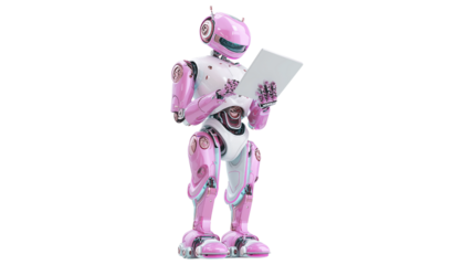 Pink Robot Reading Tablet isolated on a white background