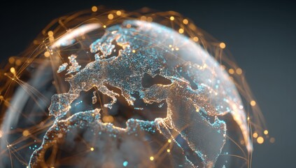 Global network, detailed European focus.  Abstract globe, overlaid with glowing, interconnected lines and points, highlighting Europe