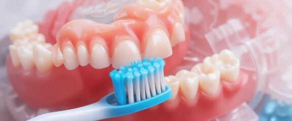 Fototapeta premium Clean Denture Concept False Teeth with a Toothbrush for Hygiene and Sanitation.