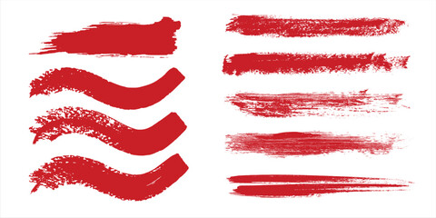 Straight red ink vector lines pack. Bloody color long and round hand-drawn brushstroke text highlights, frames, circles. Asian calligraphy modern simple