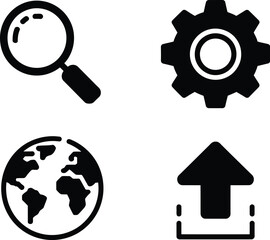 Four black and white icons depicting a magnifying glass, gear, globe, and upload symbol arranged neatly