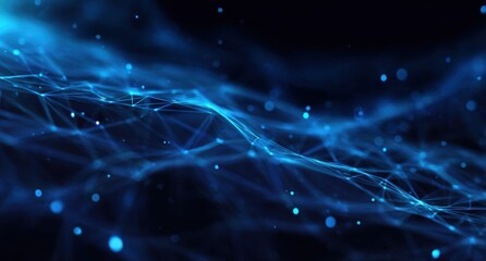 Abstract digital network of glowing, interconnected lines and particles.  Dark background with light blue hues