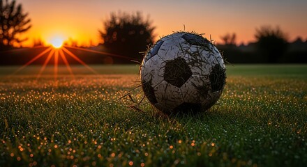 Weathered Soccer Ball Resting on Dewy Grass at Sunset