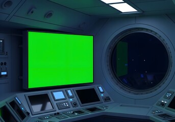spaceship interior control room with green screen