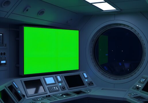 spaceship interior control room with green screen