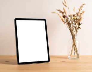 Tablet on a wooden table with dried flowers