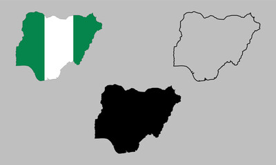 Maps of Nigeria. Collection of Nigeria Maps. Black Silhouette, Detailed Outline, and Flag Design