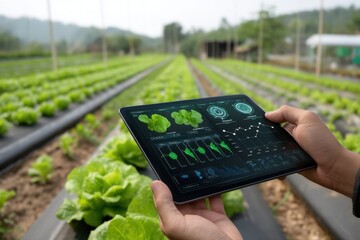 Farmer standing in a futuristic lettuce farm holds a tablet displaying a digital farming app with a pest management dashboard and AI-powered insect alerts on the screen.