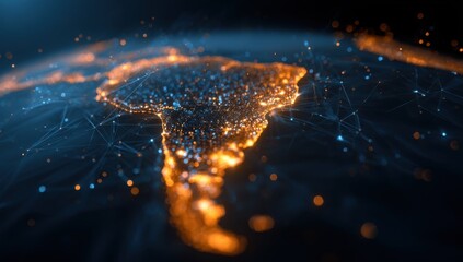 South America digital globe.  Networked global connections, bright orange-yellow city lights and digital lines over a dark background.  High-tech, futuristic