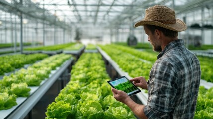 Farmer standing in a futuristic lettuce farm holds a tablet displaying a digital farming app with a pest management dashboard and AI-powered insect alerts on the screen.