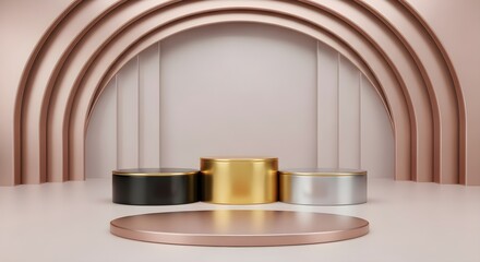 "A modern and sleek 3D rendering of metallic podiums in black, gold, and silver, set against a minimalist arch backdrop, symbolizing achievement, luxury, and the pursuit of success and recognition."