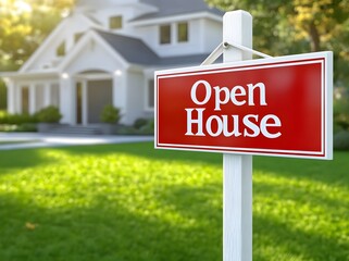 Vibrant Red Open House Sign Shines in Golden Hour Sunlight Before a Dreamy Suburban Home.