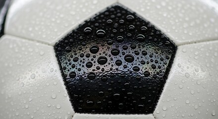 Close-up of a Classic black and white soccer ball covered in water droplets