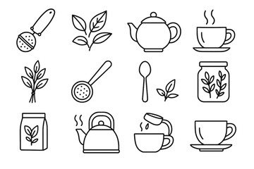 Steaming teapot kettle cup tea bundle vector icon herbal loose pouring