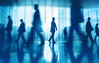 Silhouetted Business People in Motion, Blue Toned Modern Office Hallway with Reflections.