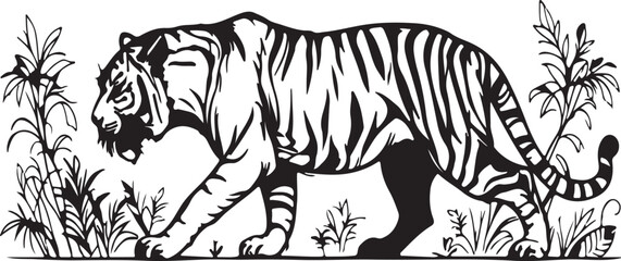 "Powerful Tiger Line Art Walking in Jungle Grass"