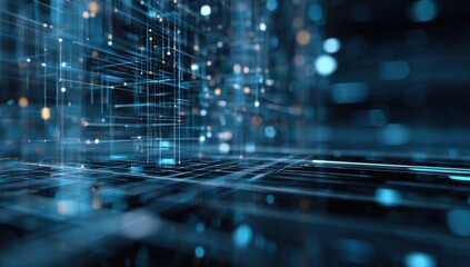 Abstract digital network, deep blue and teal lines and points, perspective view,  glowing particles