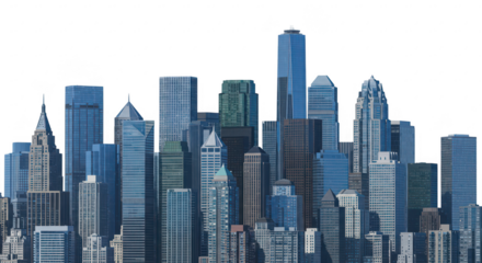A vibrant cityscape featuring a dense collection of skyscrapers isolated on transparent background