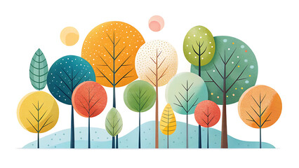 Obraz premium Minimalist flat cartoon trees with colorful circles for abstract nature design and illustration