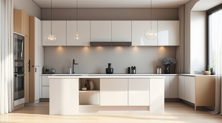 White minimalist kitchen with island and pendant lights, bright clean design