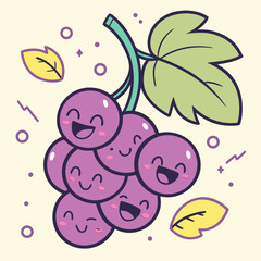 A bunch of happy purple grapes with cute faces smiling and laughing surrounded by yellow leaves and decorative elements on a light yellow background