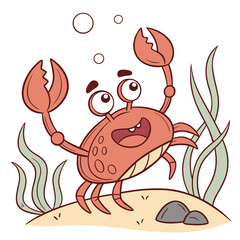 A cheerful cartoon crab with big eyes and claws raised is happily swimming in the ocean surrounded by seaweed and bubbles