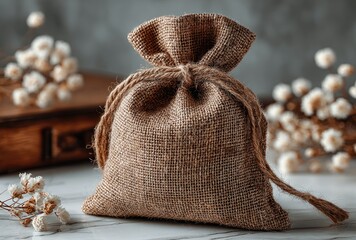 Rustic burlap drawstring bag on marble