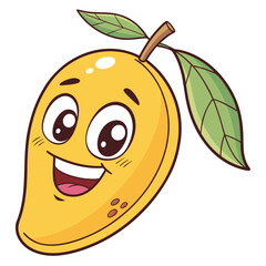 A cheerful cartoon mango character with big eyes and a wide smile featuring green leaves and a stem isolated on a white background