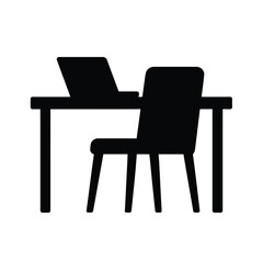 Vector illustration of black silhouette of a desk with laptop and chair