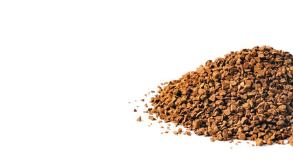 Close-up of instant granulated coffee isolated on white background. Sublimated coffee.
